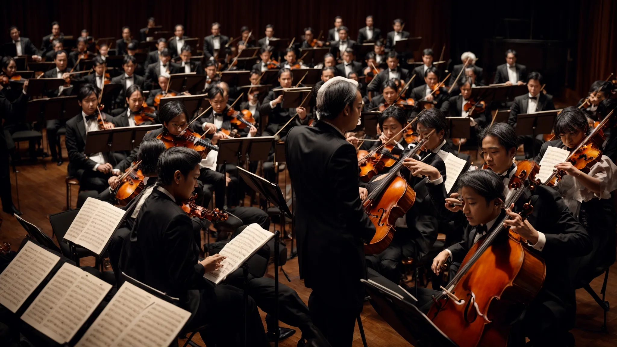 a symphony conductor leads an orchestra, each musician vividly playing different instruments representing the diverse financial notes in the world of note brokering.