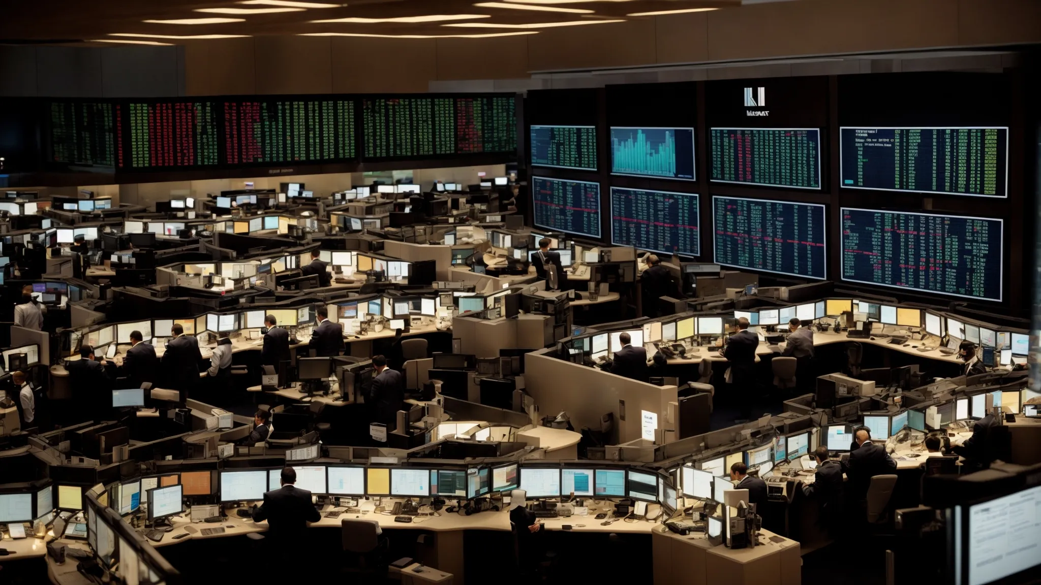 a bustling stock exchange floor, where traders intently monitor screens displaying the rise and fall of mortgage-backed securities.