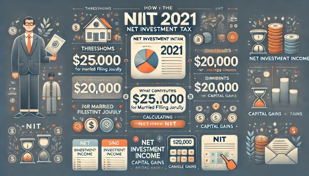 "Infographic explaining NIIT 2021 (Net Investment Income Tax) with key elements such as income thresholds for different filing statuses and a breakdown of what constitutes net investment income. The infographic includes a step-by-step guide to calculating NIIT, presented in a clean and professional style with cohesive colors.