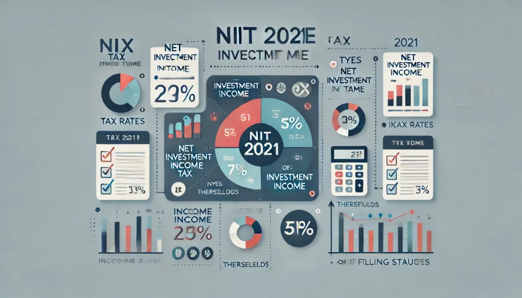 Visual representation of NIIT 2021 (Net Investment Income Tax) featuring tax rates, income thresholds for various filing statuses, and types of investment income subject to the tax. The design is clear and professional, with muted colors and icons representing different income categories and thresholds."