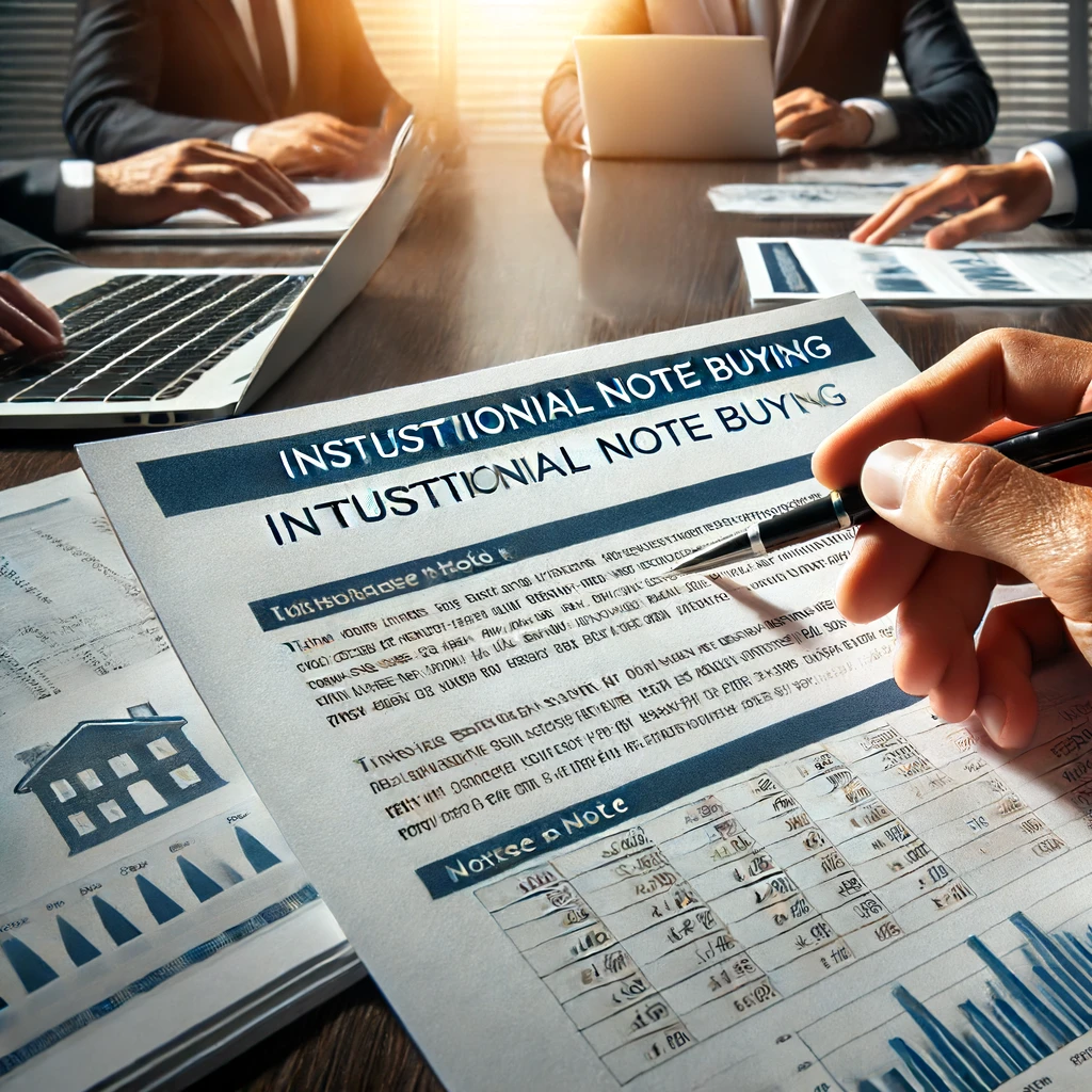 A modern office setting where a diverse team of professionals is engaged in a discussion about financial documents and charts related to institutional note buying. 