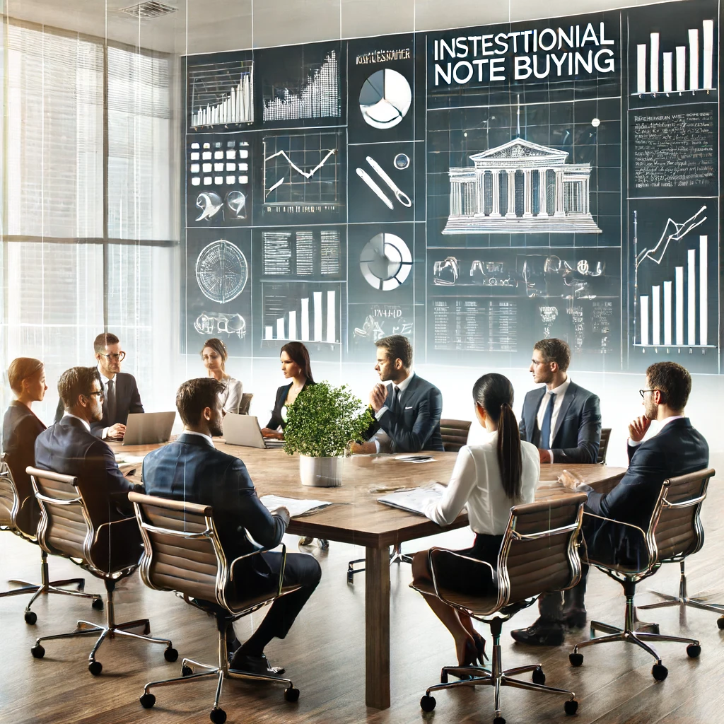 A modern office setting where a diverse team of professionals is engaged in a discussion about financial documents and charts related to institutional note buying.