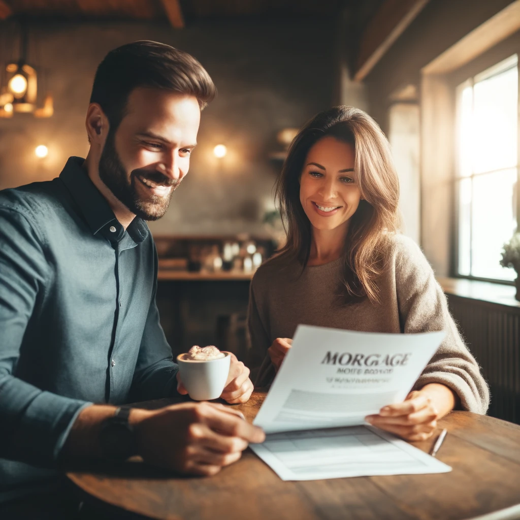 A mortgage note broker discussing business with a client in a cozy coffee shop, both smiling and reviewing a document together.